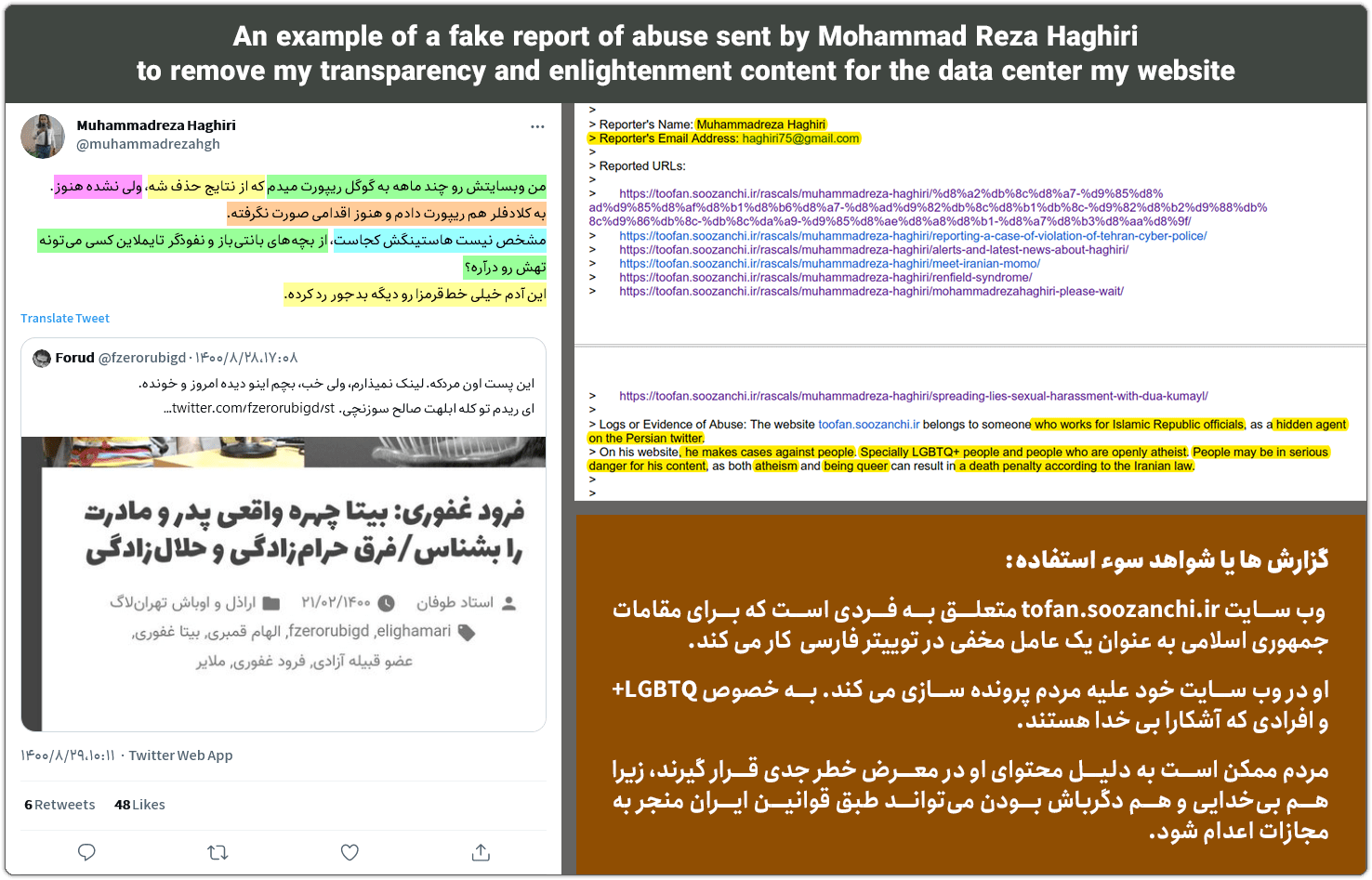 haghiri:An aggressor who harasses others by sending fake abuse reports 2 abus report