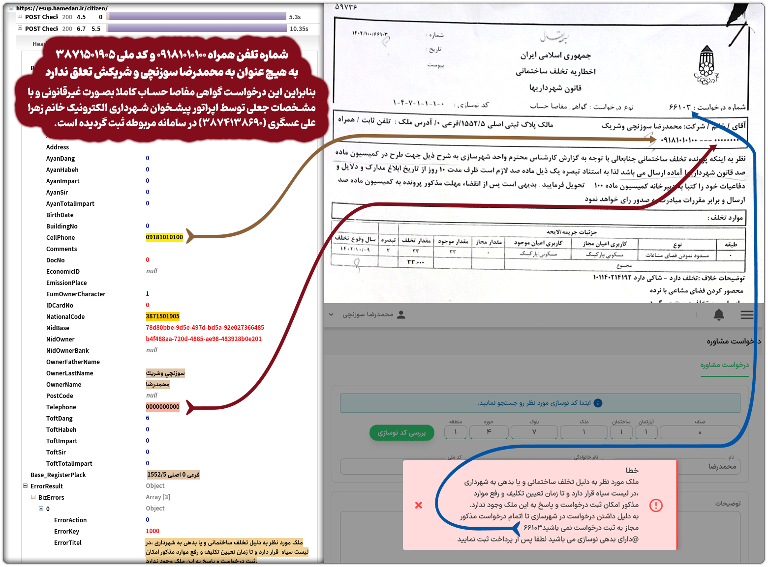 دبیرخانه ماده ۱۰۰ همدان: گزارش تخلفات تیم ارتشا، کارچاقکنی و اعمال نفوذ برخلاف حق و مقررات قانونی در دبیرخانه کمیسیون ماده صد منطقه یک همدان 24 3st ertesha shardari 9